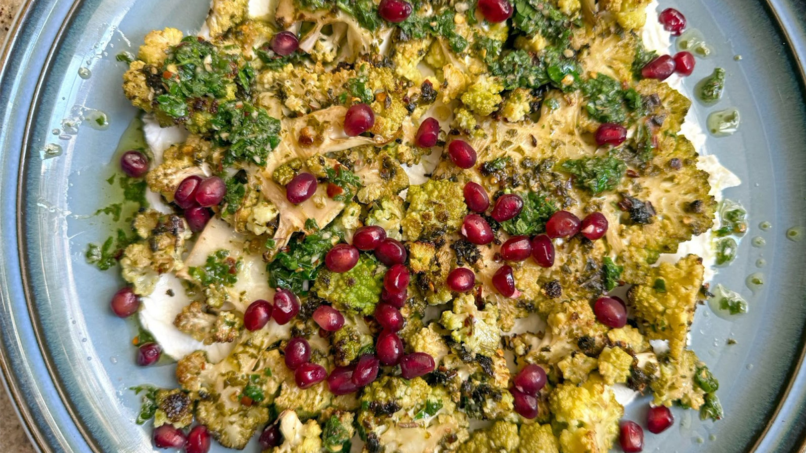 romanesco steaks with chimichurri, yogurt and pomegranate