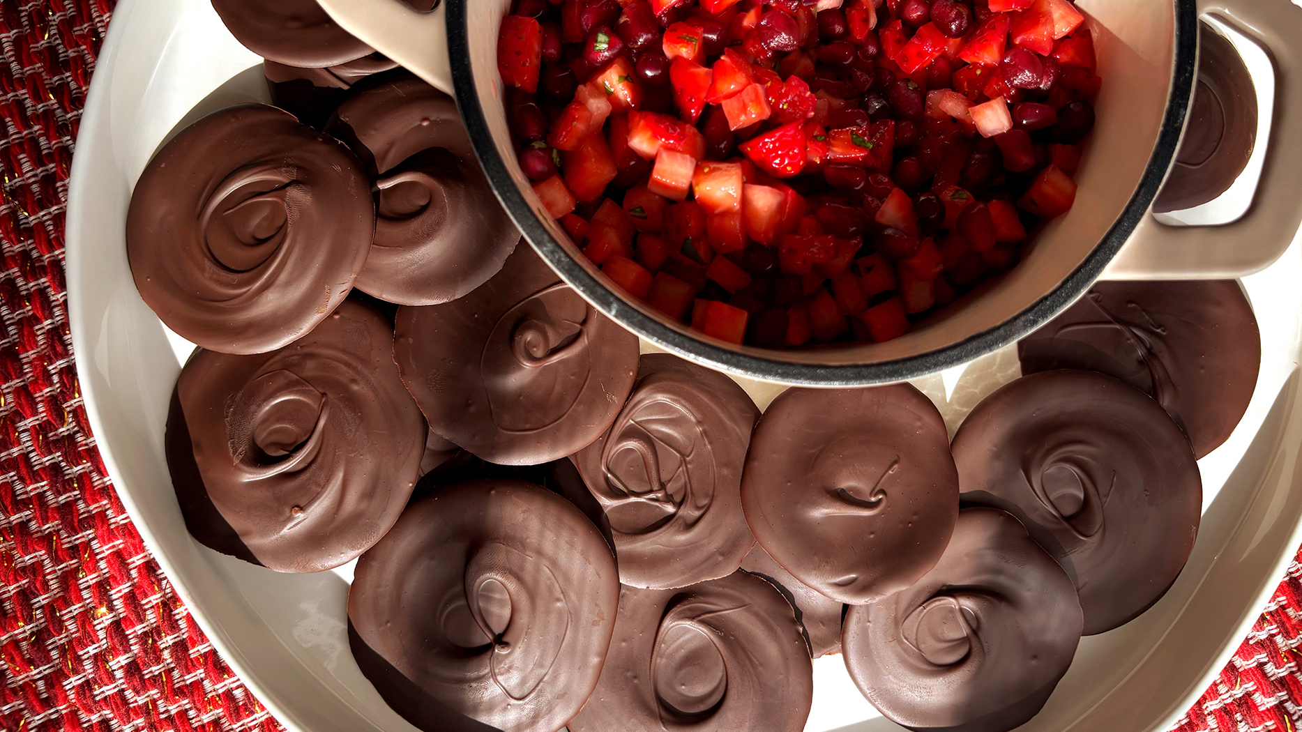 strawberry pomegranate salsa with chocolate “chips”