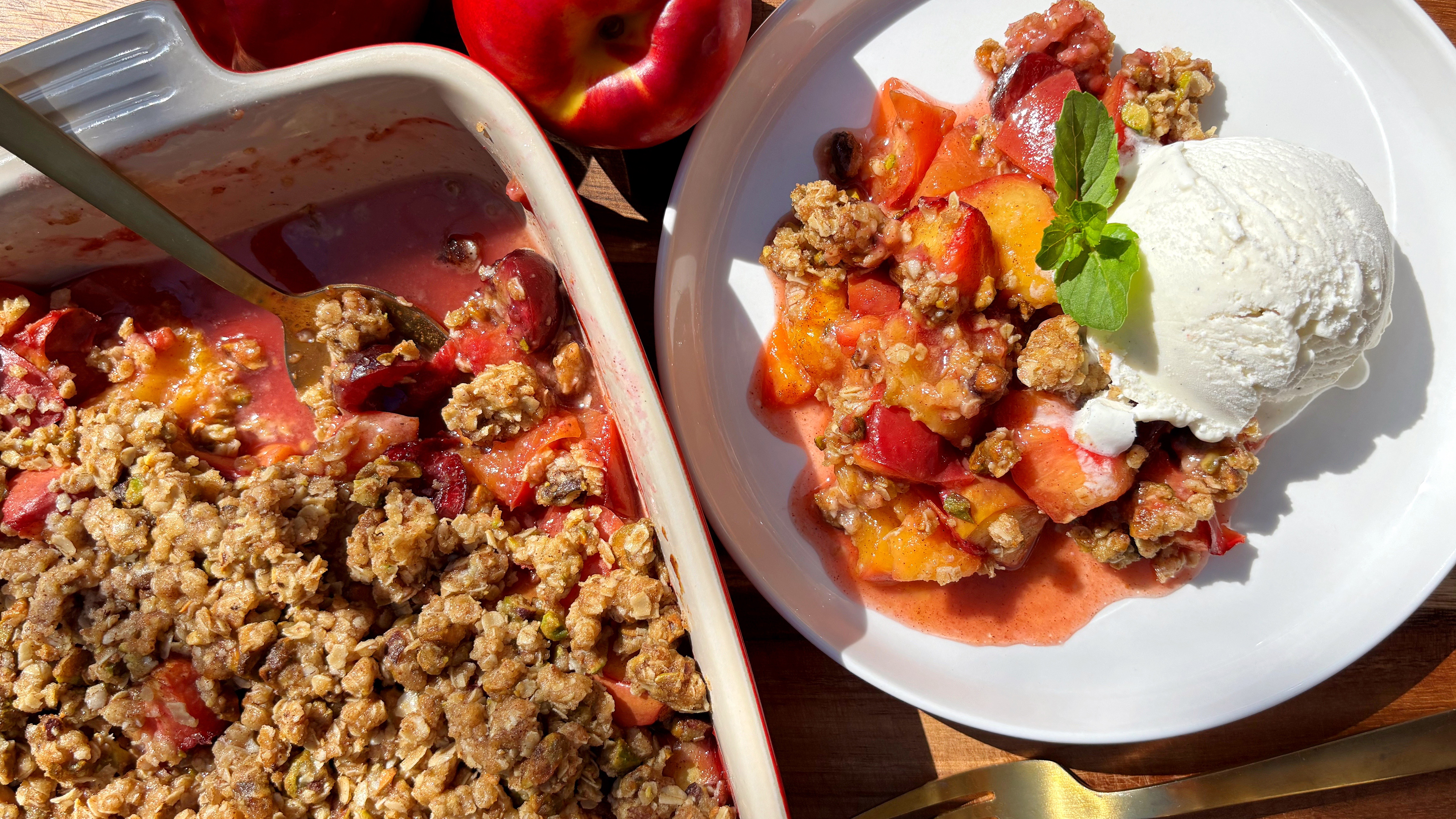 stone fruit crumble with brown butter & pistachio streusel
