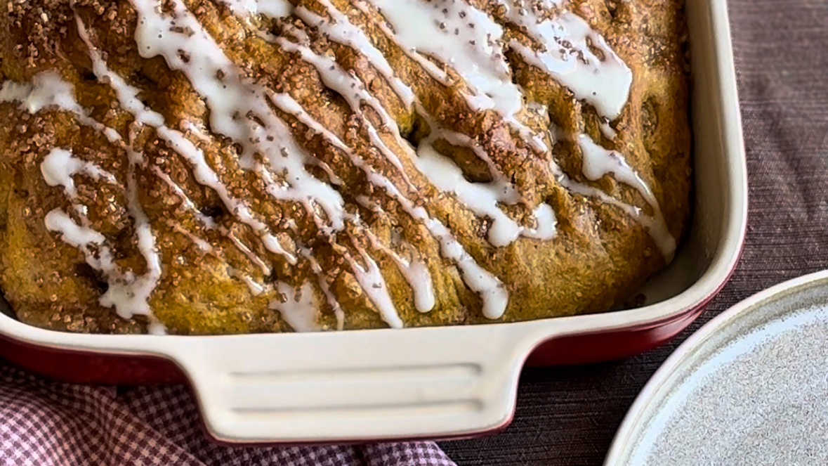 pumpkin spice dessert focaccia with cream cheese drizzle