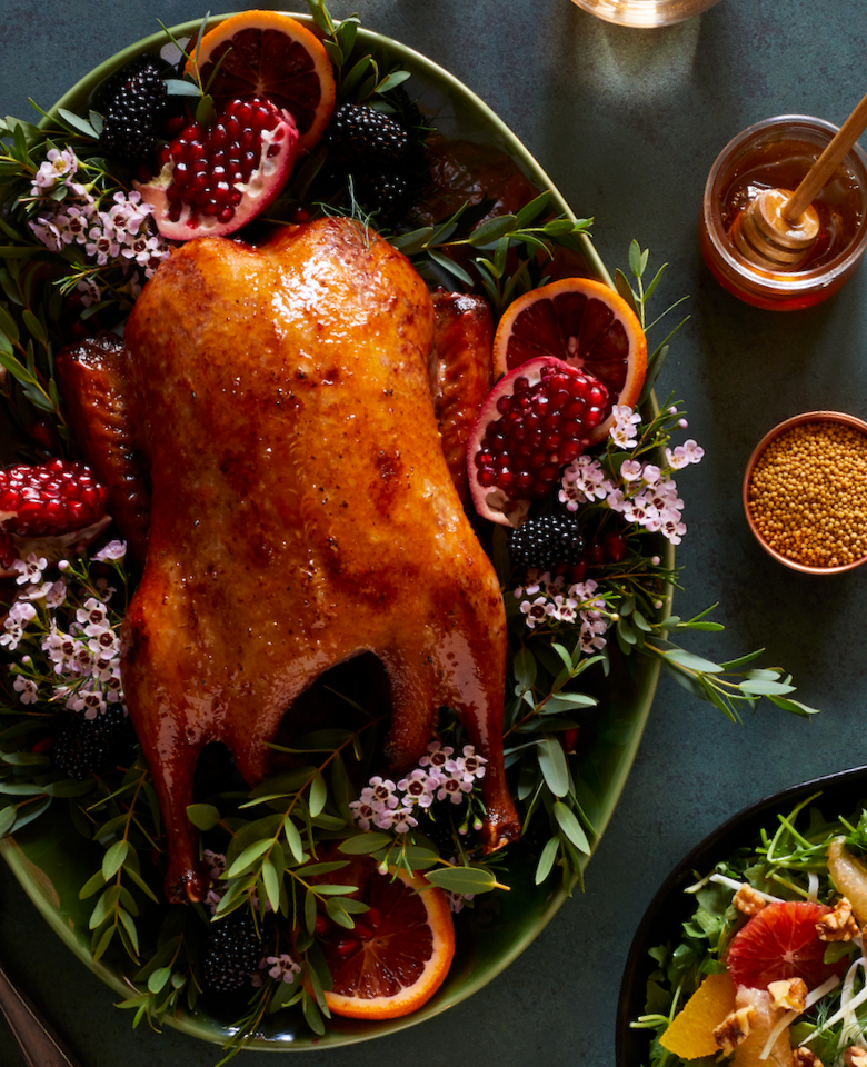 roasted duck on a table