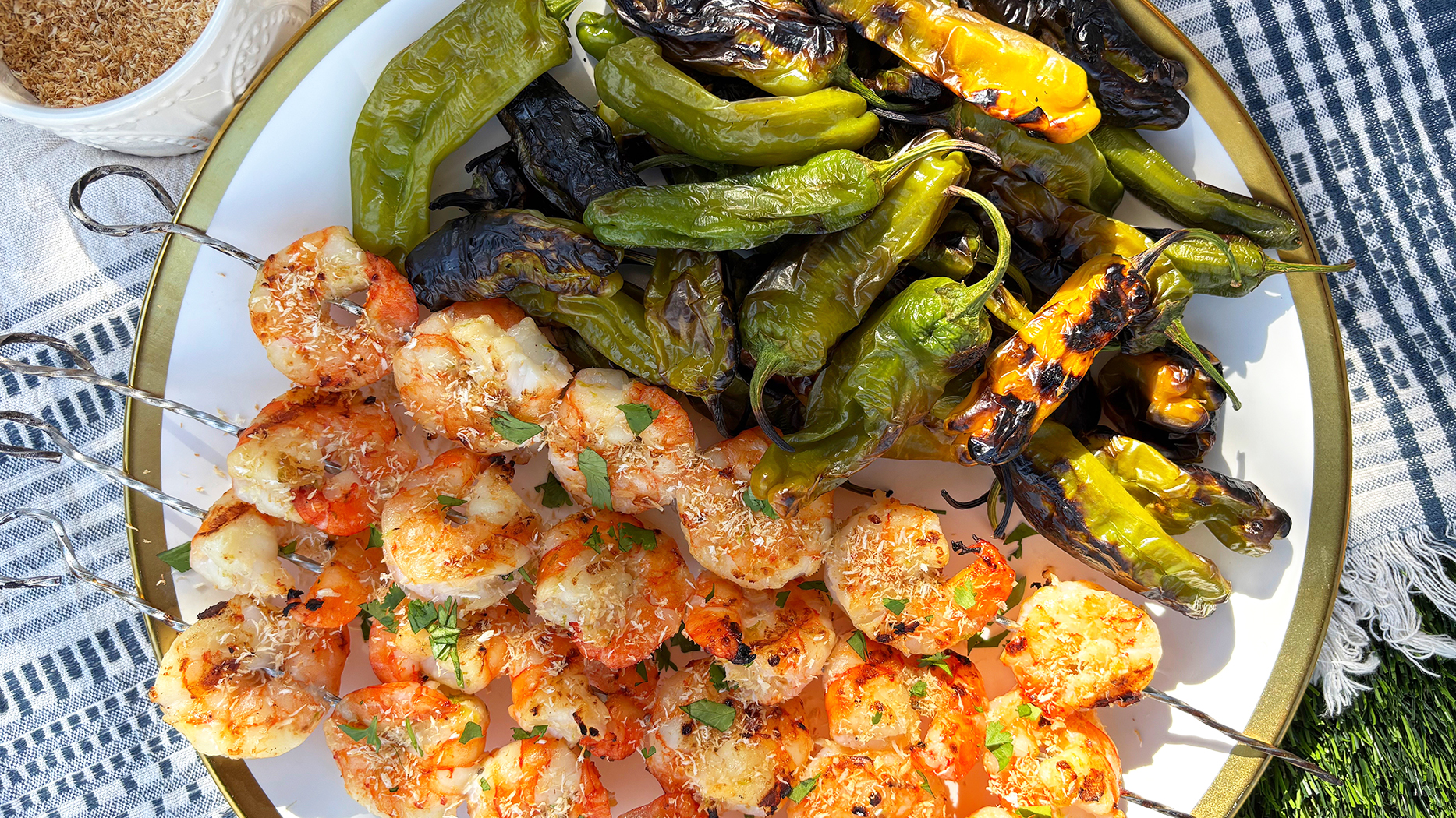 Grilled Coconut and Lime Grilled Shrimp with Shishito Peppers