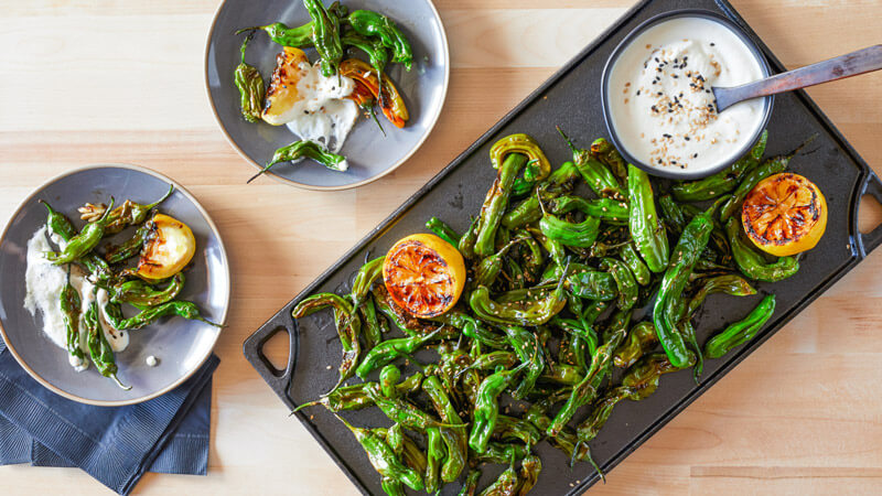 shishito peppers with vegan almond miso aioli