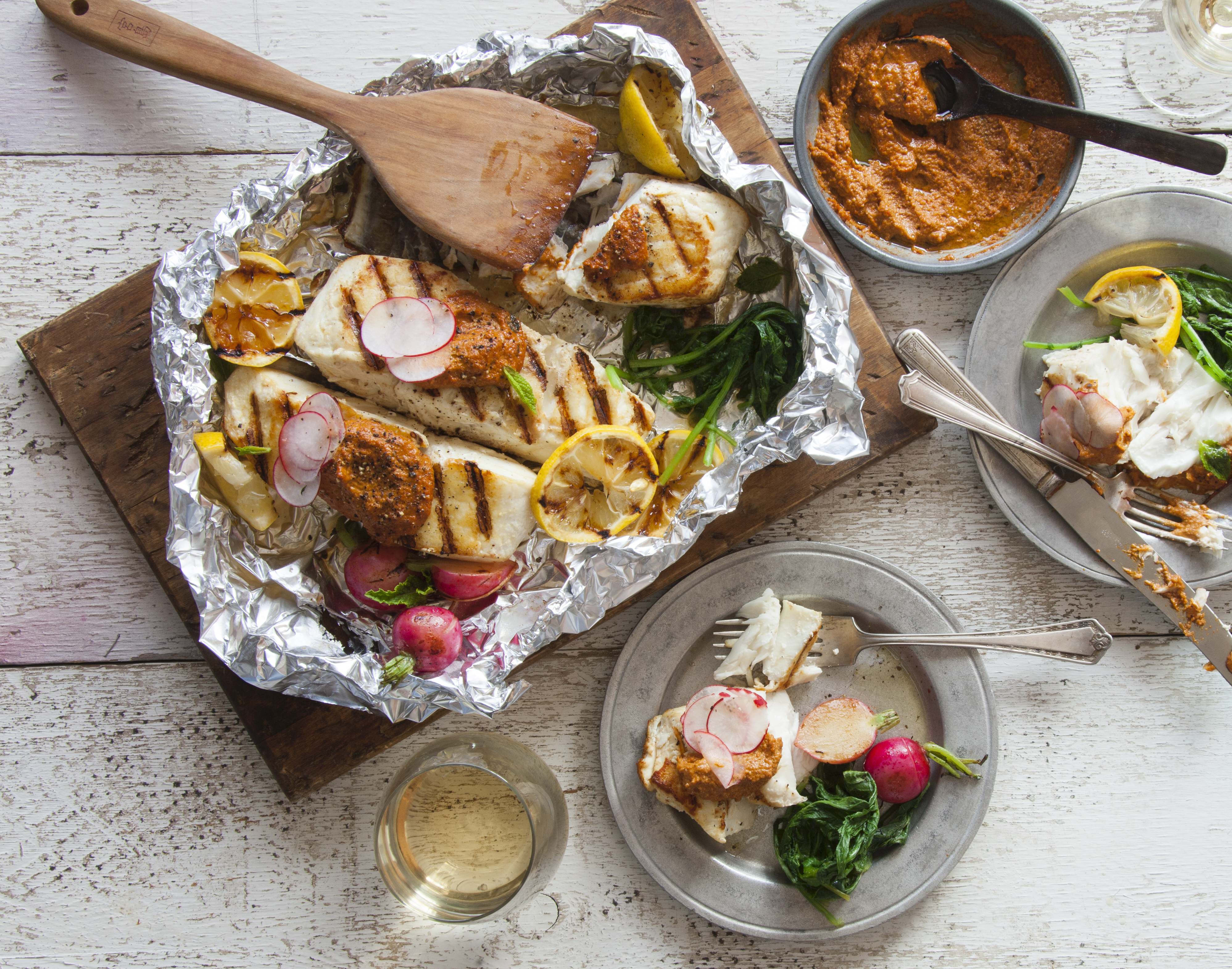 Cooked Halibut and side dishes