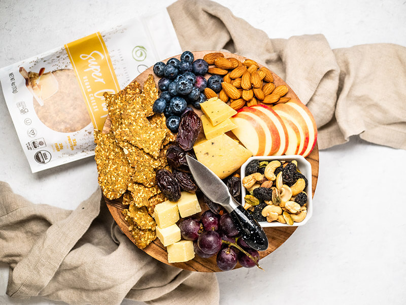 Platter with fruit, cheese, and super crisps