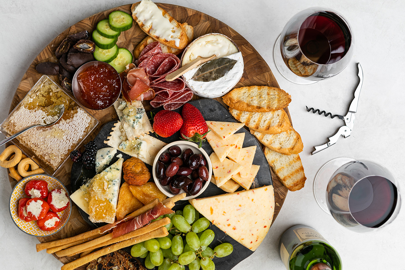 Charcuterie plate with wine