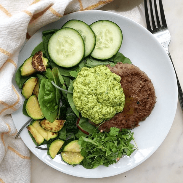 Zucchini, cucumber and burger salad