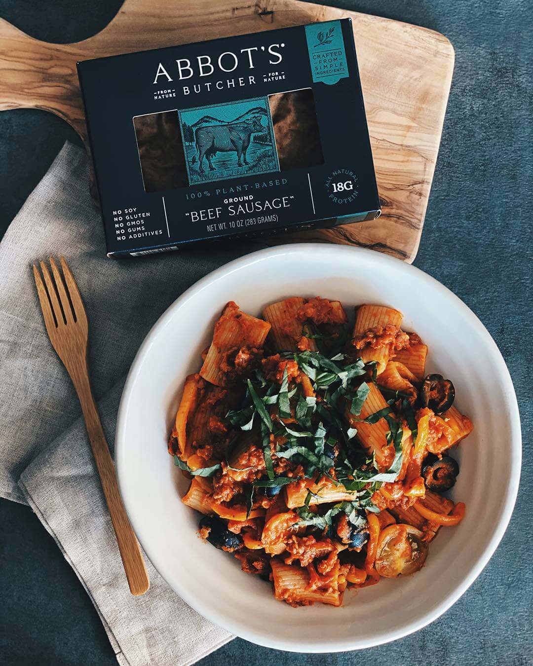 Pasta made with Abbot's plant based sausage