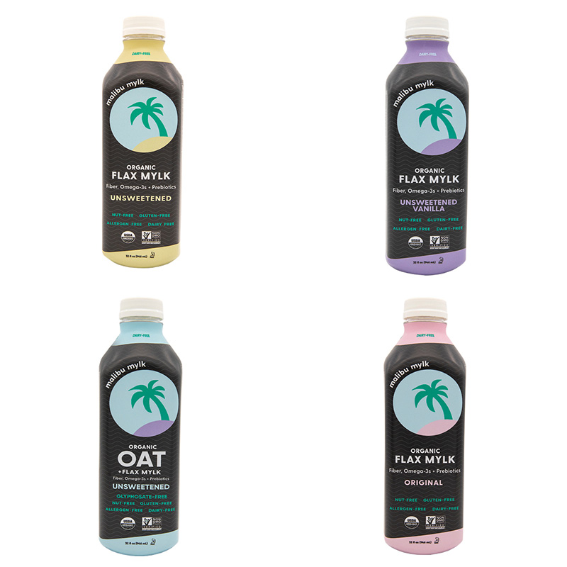 Array of different flavors of flax mylk 