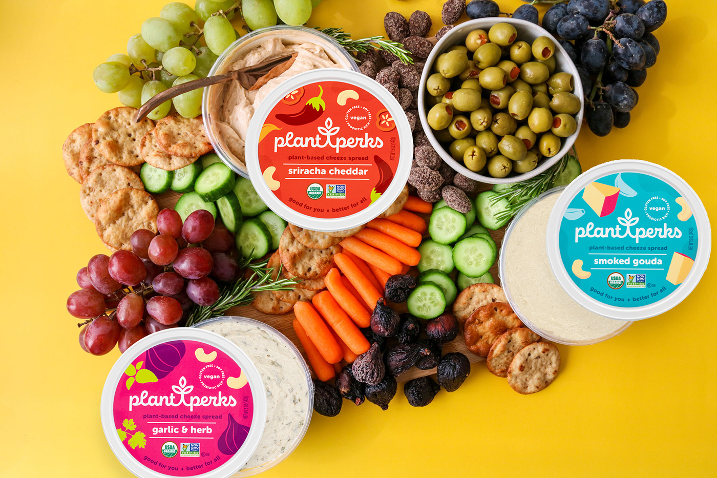 Different flavors of Plant Perks' cheese spreads