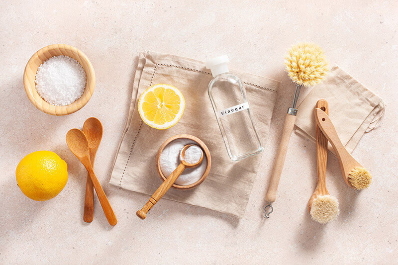 Salt, Lemons, Baking Soda, Vinegar and Cleaning Brushes