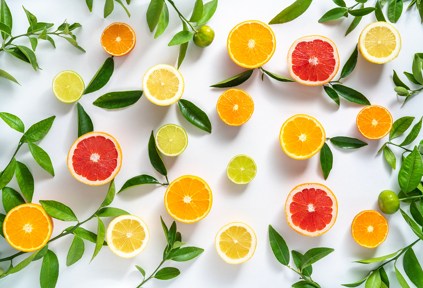 decorative display of cut citrus fruits and leaves 