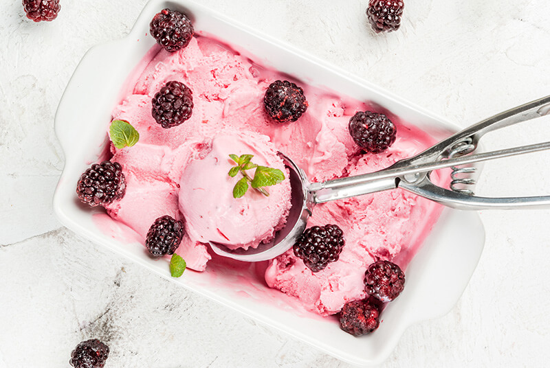 olive oil gelato with macerated blackberries