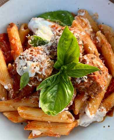 Calabrian Meatballs with Tomato & Burrata Pasta