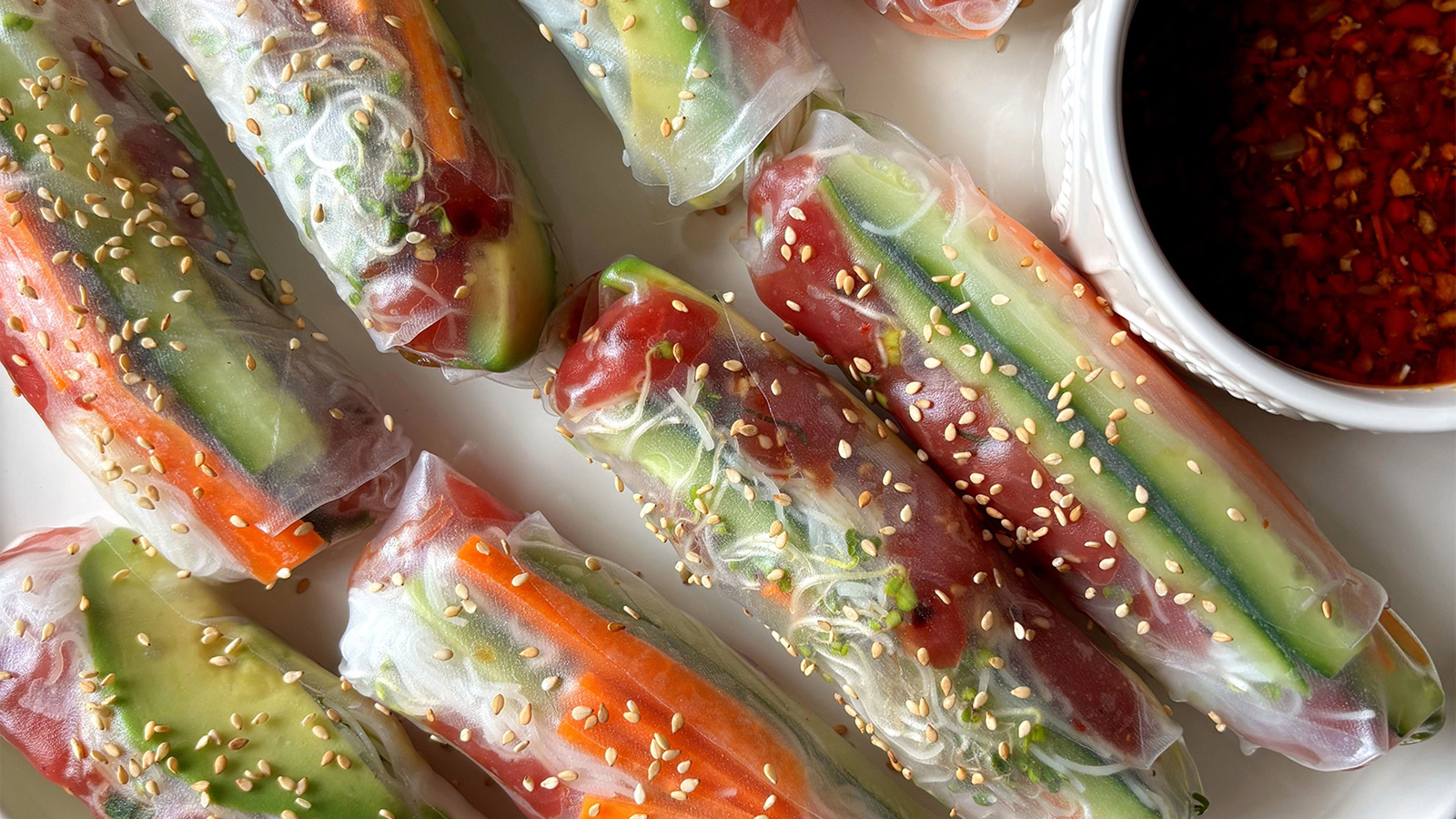 Tuna Poke Summer Rolls With Sweet Chili Dipping Sauce