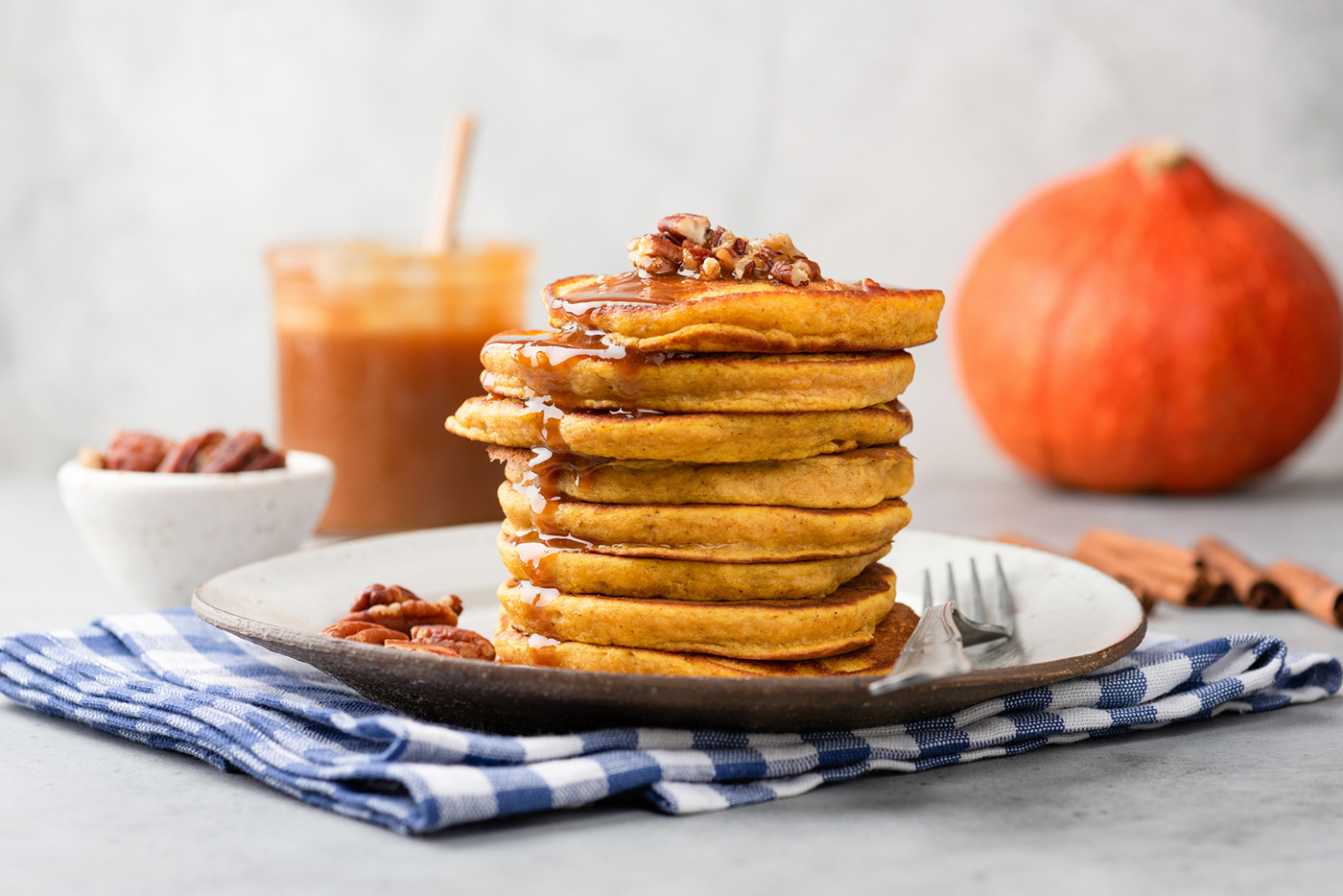 Pumpkin Pancakes with Caramel Sauce